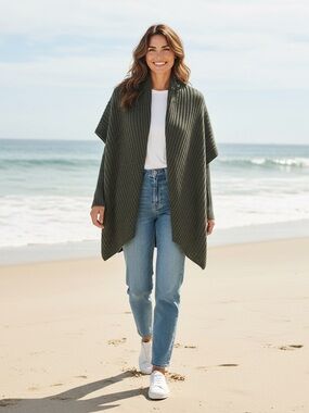 Peruvian Link Olive Ribbed Open-Front Women's Sweater Wrap alpaca one size
